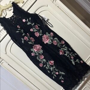 Betsy & Adam Black Sheath Dress with Pink Floral Embroidery for Cocktail